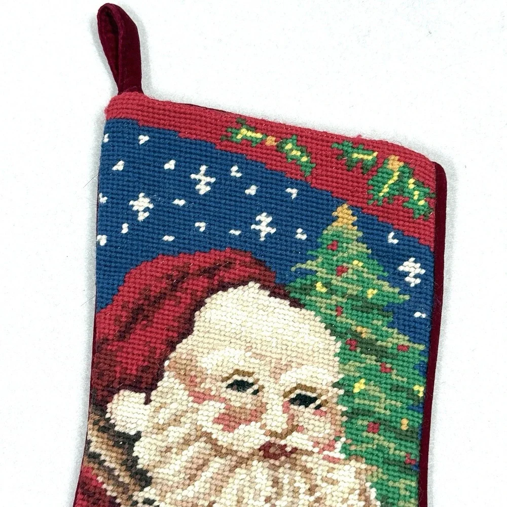 Vintage Christmas Stocking Needlepoint by Hand‎ Wool Velvet Santa Claus Presents